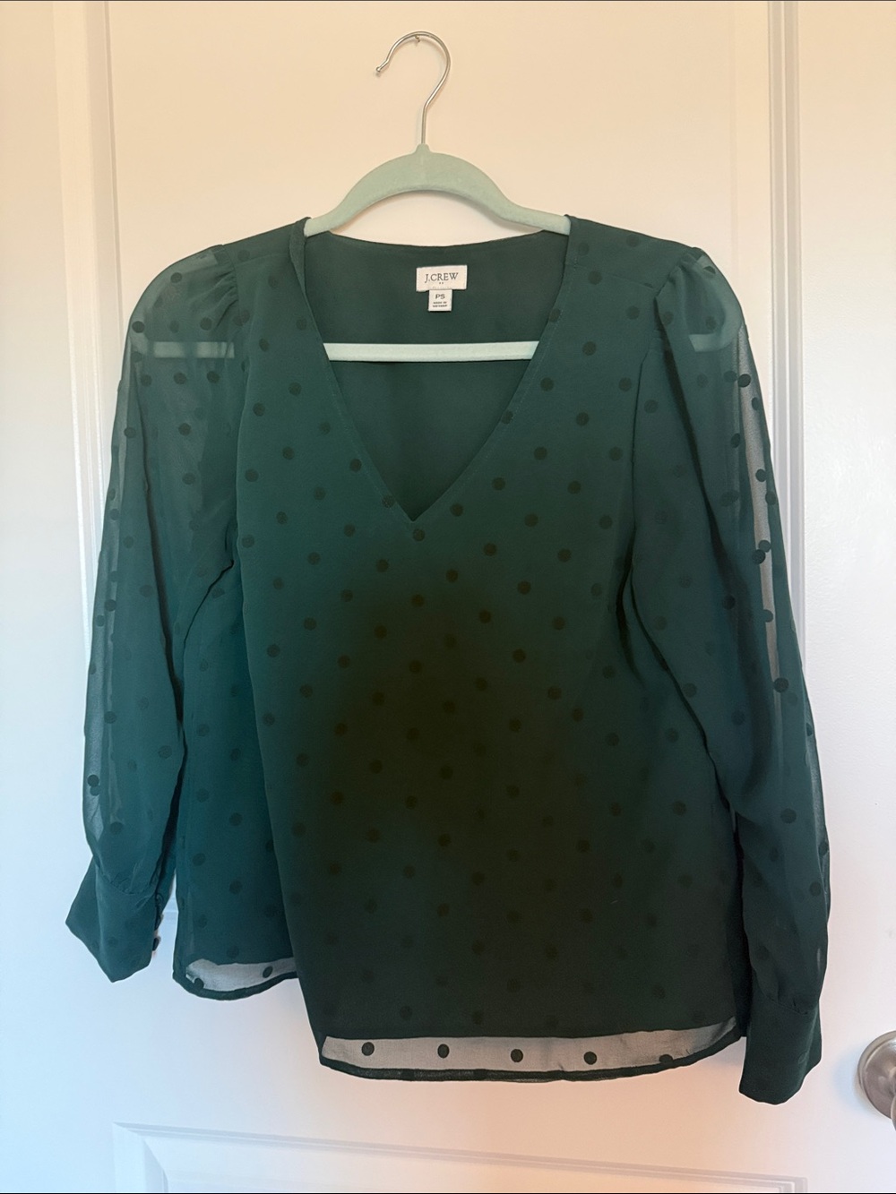 J. Crew Petite S Dark Teal Polka Dot V-Neck Blouse